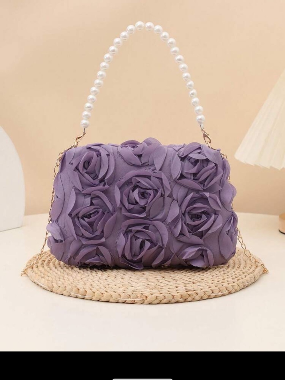 Elegant 3D Lilac Rose Pearl Shoulder Bag, Metal Chain Crossbody Bag